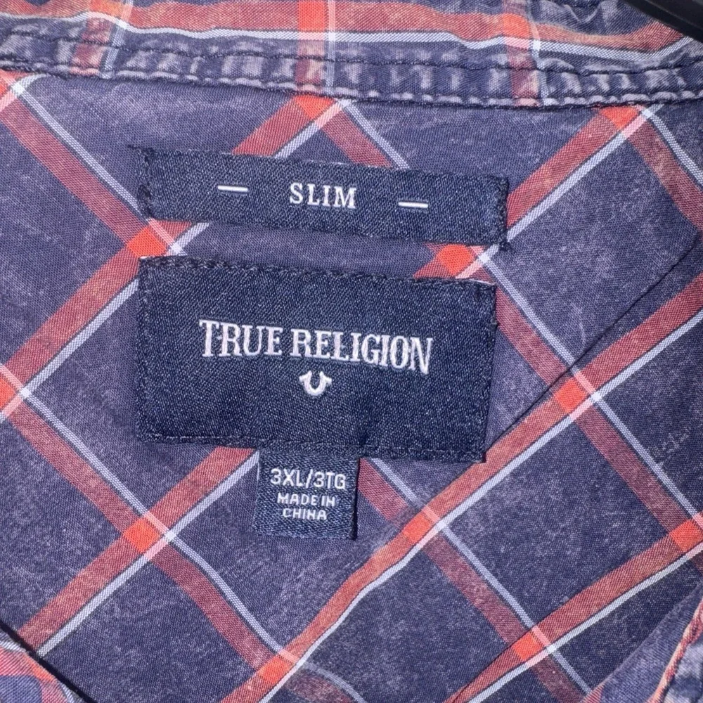 True Religion Men Button Up Shirt 3XL Blue Check Slim Fit Pocket Short Sleeve‎